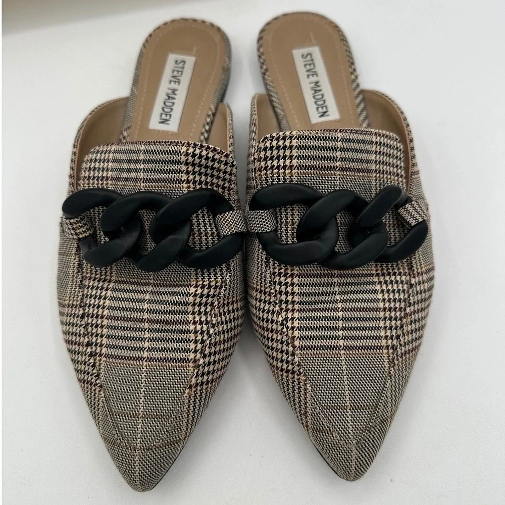 STEVE MADDEN Fleur Pointed Toe Mules Tan Plaid Chunky Black Chain Detail | 7 - Picture 3 of 13
